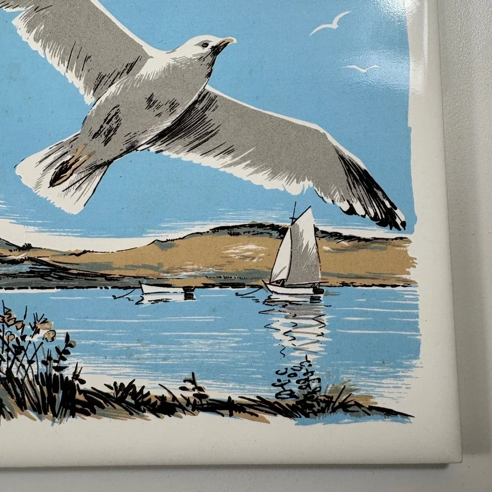 Screen Craft Hand Decorated Ceramics Seagull Sailboat Lake‎ Scene Tile Wall Art